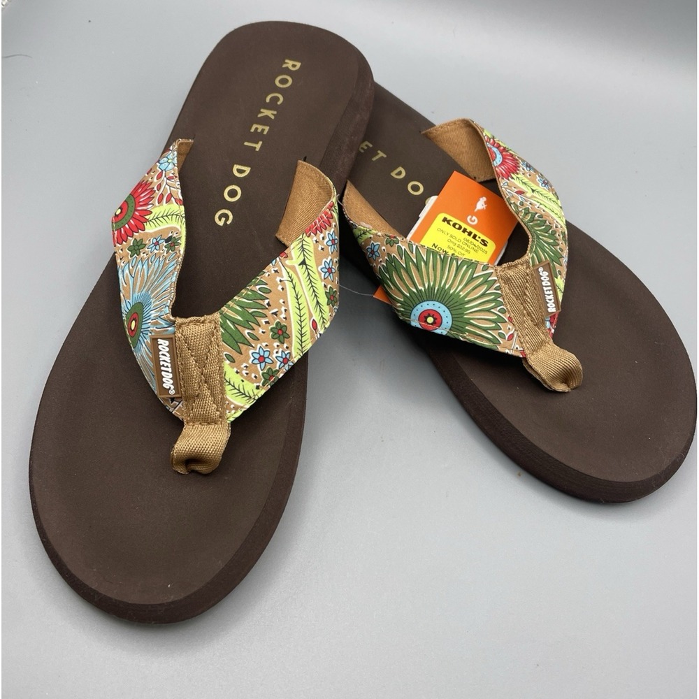 NEW Rocket Dog Women's Flip Flops‎ Sz 11 Floral Natural Spotlight Tropical Brown